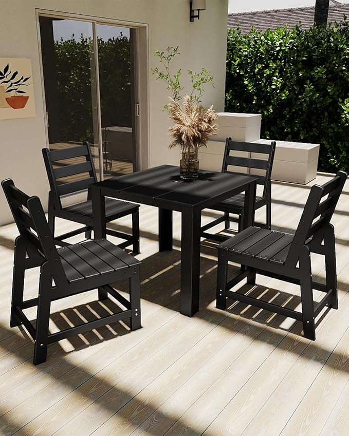 GREENVINES 5-Piece-Outdoor-Dining-Set | HDPE | Square | Patio Furniture | Table and Chairs Sets for 4 | All Weather | Armless Chair | Umbrella Hole | for Backyard Poolside Garden | Black