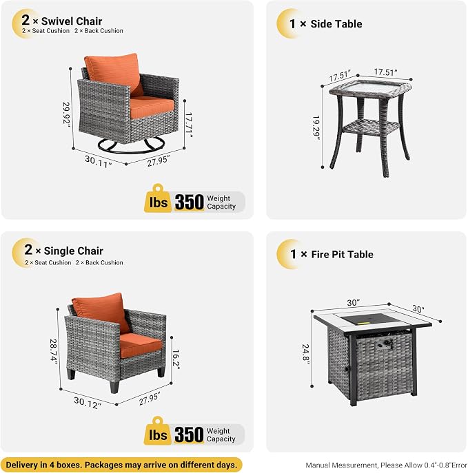ovios 6 Pieces Patio Furniture Set, Outdoor Wicker Rattan Swivel Chairs with 30" Fire Pit Table, High Back Rocking Glider Chair Conversation Sets for Porch Deck, Orange Red