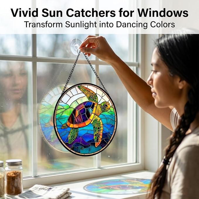 Birthday Gifts for Women - Blue Sea Turtle Faux Stained Glass Window Hanging Sun Catcher for Door Garden Acrylic Decor Mother's Day Christmas for Mom Men Nana Grandma Sisters 11.8"