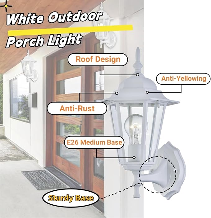 WISBEAM 2 Pack Outdoor Wall Light, White Wall Sconce for House Porch Lighting Fixture, E26 Base 60W Max, Metal Housing Plus Glass, Wet Location Rated, ETL Qualified, Bulbs not Included