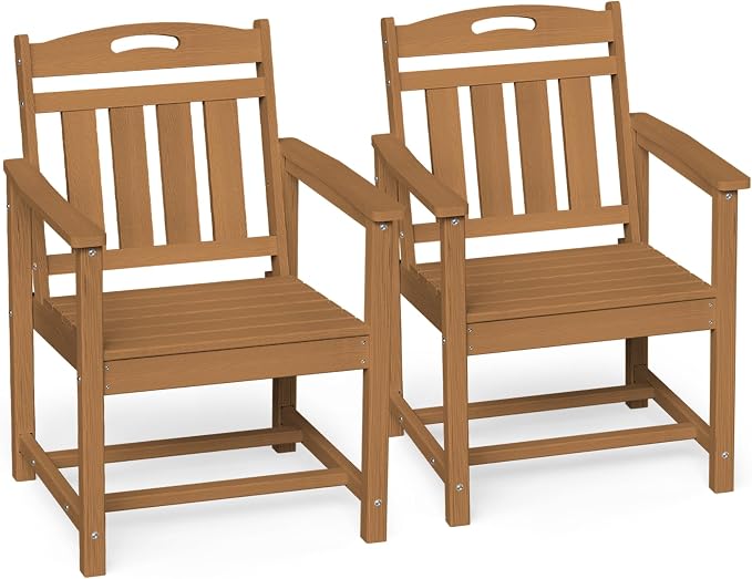 Ciokea Outdoor Patio Dining Chair Set of 2, HDPE Porch Chairs for Dining Table, All-Weather Durable Outdoor Furniture for Backyard, Poolside, Lawn & Garden, Teak