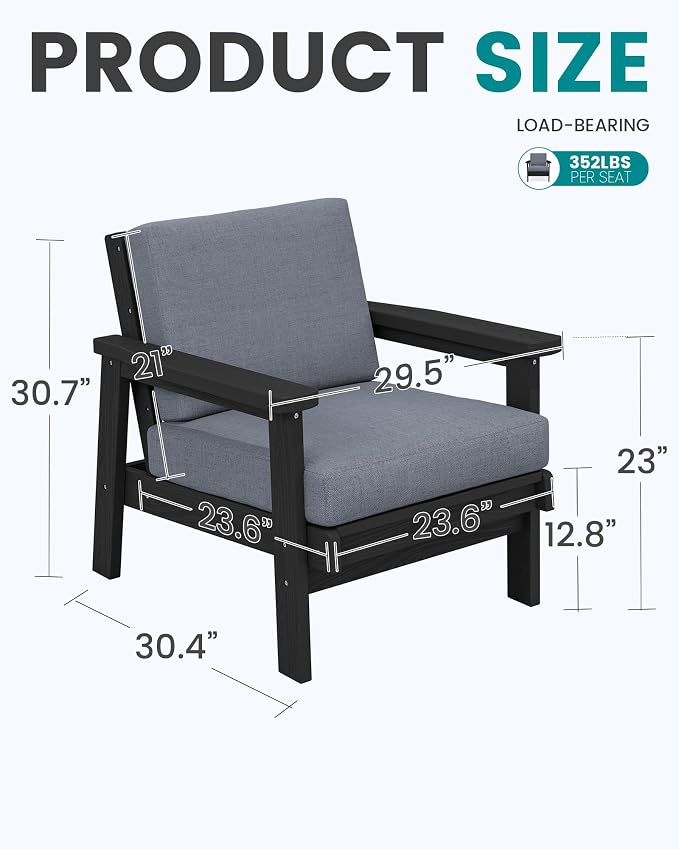 SERWALL HDPE Outdoor Furniture Set, 2 Piece All Weather Wood-Like Outdoor Sofa Sectional Couch, Black Frame and Grey Cushion