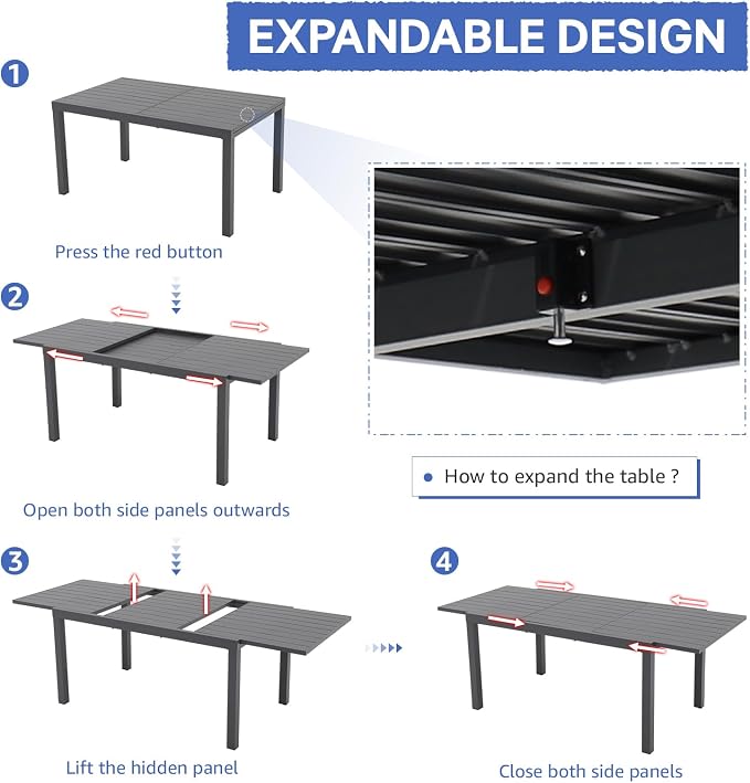 Soleil Jardin Aluminum Patio Extendable Dining Table, 59" - 83", Adjustable Indoor Outdoor Furniture Rectangle Table for 6-8 Person Porch Deck Garden, Dark-Grey