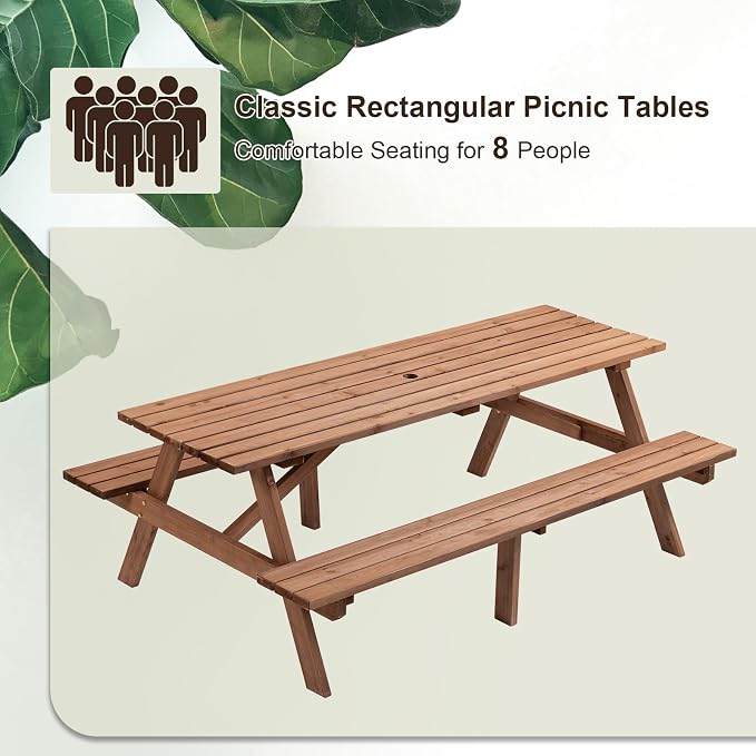 Outdoor Wooden Picnic Table with Benches and Umbrella Hole, Rustic Style Wood Picnic Table Bench Set for 6 or 8 Person for Backyard, Porch, Patio, and Deck, Brown