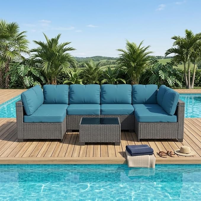 GAOMON 7-Piece Outdoor Patio Furniture Set, All-Weather Wicker Sectional Sofa with Thick Cushions and Glass Top Coffee Table, Modular Conversation Set for Garden, Balcony, Porch, Poolside