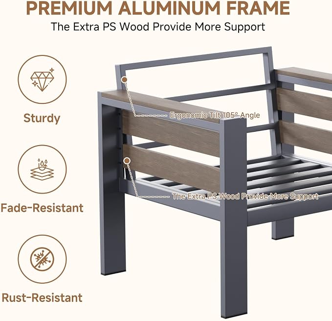 SUNYRISY Aluminum Outdoor Patio Furniture Set with Coffee Table, 3 Piece Metal Outdoor Modern Conversation Sets with Thick Cushions, Sectional Sofa Couch Set for Porch, Deck, Backyard