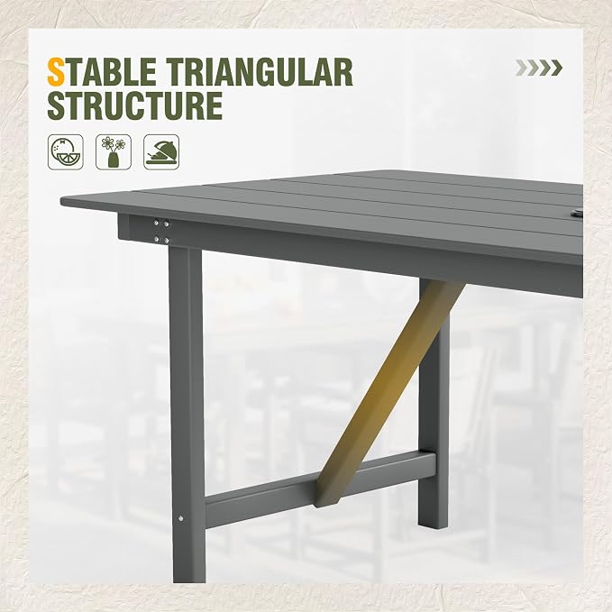 UDPATIO HDPE Outdoor Dining Table Heavy Duty All-Weather Resistant with Umbrella Hole Furniture for Patio, Poolside, Deck, Garden, Porce, Kitchen, Room,Light-Grey,1Table