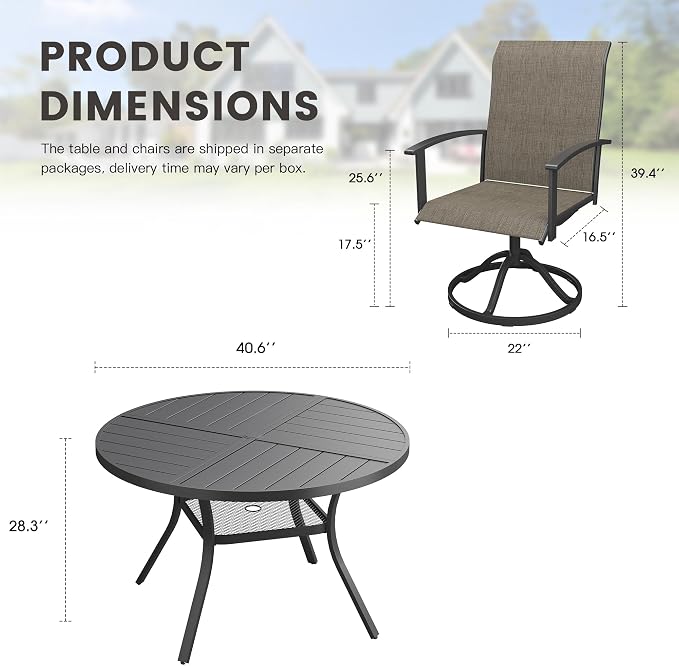 5 Pieces Round Outdoor Table and Chairs Set, Patio Dining Set with 40.6" Round Spliced Outdoor Table and Patio Swivel Chairs for Backyard Lawn Garden, Black Table and Mixed Brown Chairs