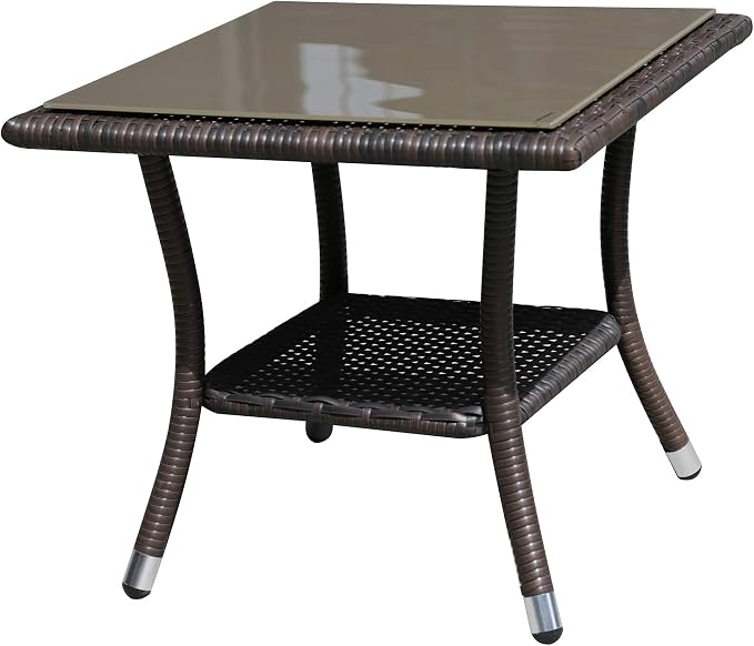 Super Patio Outdoor Side Table, 20" Square Wicker End Table, Tempered Glass Top Coffee Table with Storage, Aluminum Frame-Brown