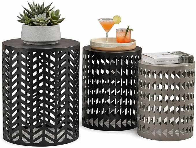 Round Coffee End Tables Set of 3 for Home Office Indoor Garden Outdoor | Multifunctional Nesting Outdoor Side Table, Modern Furniture Nightstands Decor Side Tables Plant Stand Metal Black and Gray