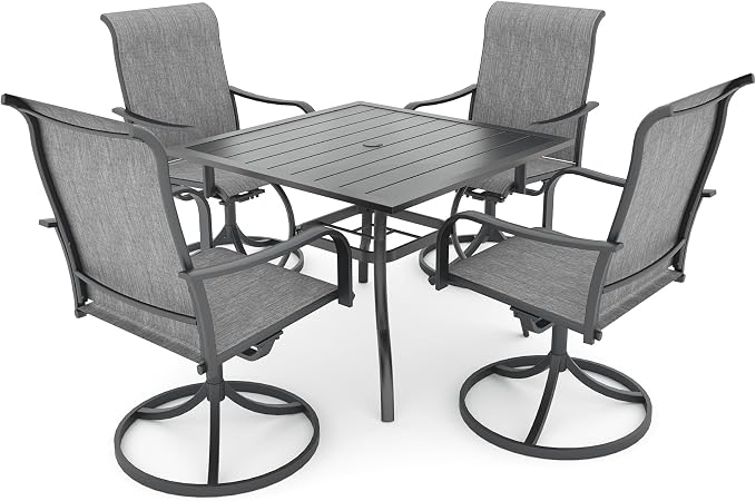 Anmutig 5-Piece Outdoor Dining Set, 35" Square Table with 4 Swivel Chairs, All Weather Frame Furniture Set, Grey
