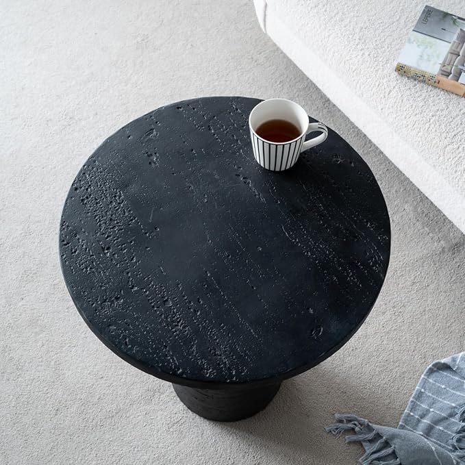 Faux Stone Side Table Round End Table Patio Small Drink Table for Small Spaces, Modern Circle Pedestal End Tables Nightstand for Living Room Bedroom Corners Office (Black)