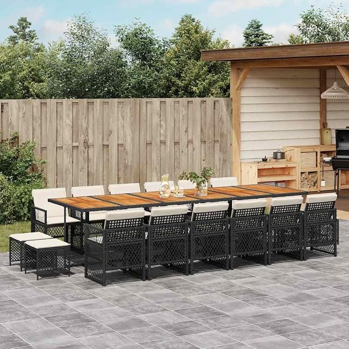 17-Piece Garden Dining Set, Outdoor Patio Furniture with PE Rattan Chairs and Acacia Wood Table, Large Weatherproof Seating for Backyard