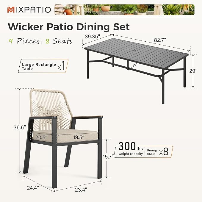 MIXPATIO 9 Pieces Outdoor Dining Set for 8, Patio Dining Set Wicker Rattan Chairs with 3.1" Cushion and Rectangular Table with Umbrella Hole, Wicker Patio Table and Chairs for Backyard Porch