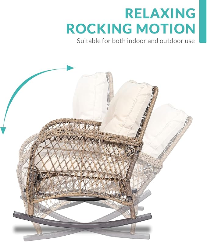 MEETWARM 4 Pieces Outdoor Wicker Patio Conversation Sets with Glider Loveseat, 2 Chairs with Glass-Top Coffee Table Rocking Chair Set, Wicker Conversation Set with Thickened Cushions