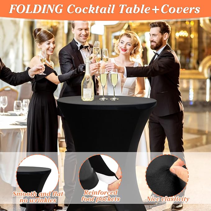 2 Sets 32in Round Folding Cocktail Tables with Spandex Stretch Table Covers for Indoor Outdoor Use Portable Ideal for Parties Events Dining and Gatherings (White Set+2BKcloth)