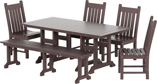 WestinTrends Malibu 6 Piece Outdoor Dining Set with Bench, All Weather Poly Lumber Patio Table and Chairs Set, 71" Trestle Dining Table with Umbrella Hole, 5 Patio Chairs with Bench, Dark Brown