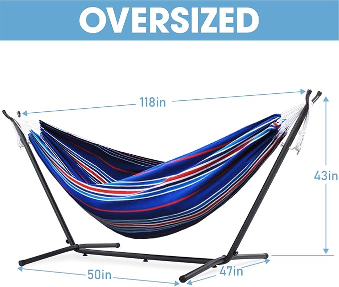 550lbs Capacity Double Hammock Adjustable Hammock Bed with 10ft Heavy Duty Steel Stand Includes Portable Carrying Case, Easy Set up Blue Pinstrip B