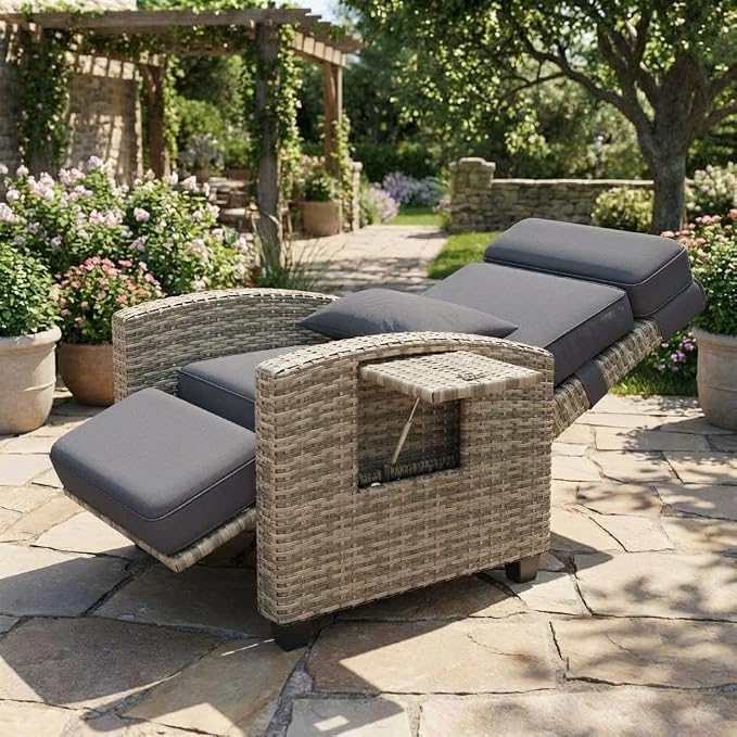 Outdoor Wicker Gas Lift Chair with Cushion, 145° Adjustable PE Rattan Patio Chair with Metal Frame, Height Adjustable Lounge Chair for Garden, Patio, Balcony & Backyard,Gray White Gradient Wicker,Gray