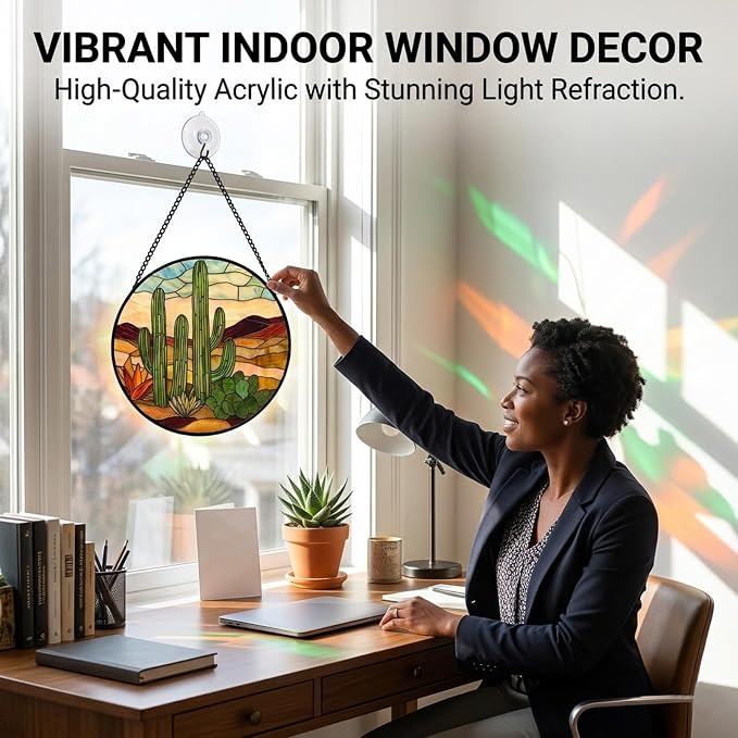 Birthday Gifts for Women - Desert Cactus Faux Stained Glass Window Hanging Sun Catcher for Door Garden Acrylic Home Decor Mother's Day Christmas for Mom Nana Friend Grandma Wife 7.8"