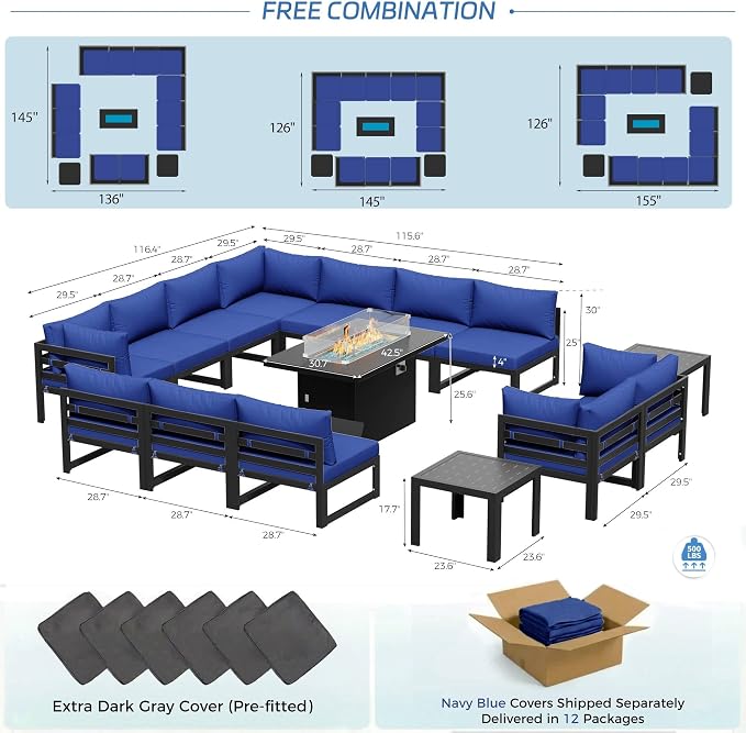 NICESOUL 15 Pcs Large Modern Aluminum Patio Furniture Set with Fire Pit Table Propane/Gas, L Shaped Sectional Sofa with Side Table, 500 lbs Heavy Duty Comfy Outdoor Couch for Backyard Lawn, Navy Blue