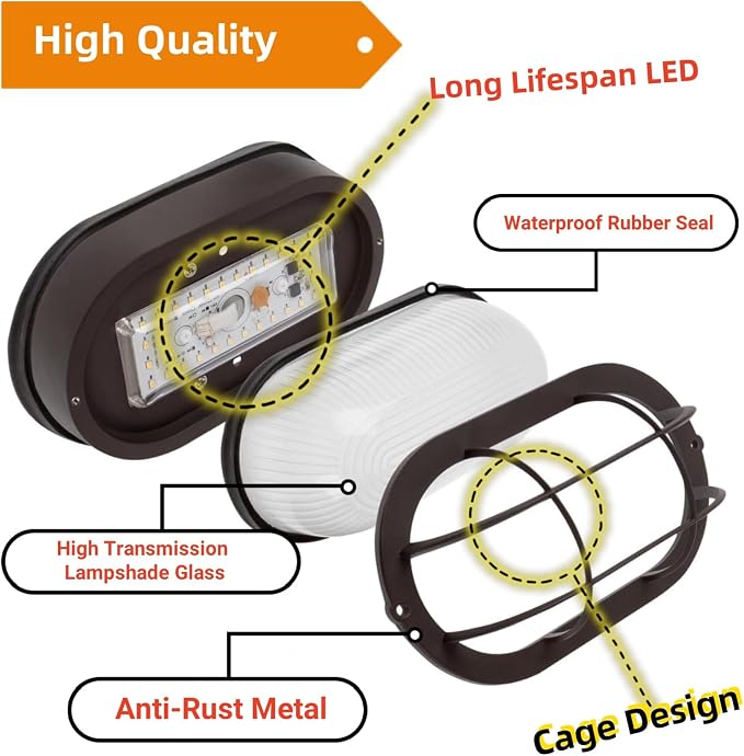 WISBEAM LED Bulkhead Light, Outdoor LED Wall Light for House, Dimmable, 6W Replace 60W, 450 Lumen 3000K Daylight White 80CRI, Waterproof, ETL Rated