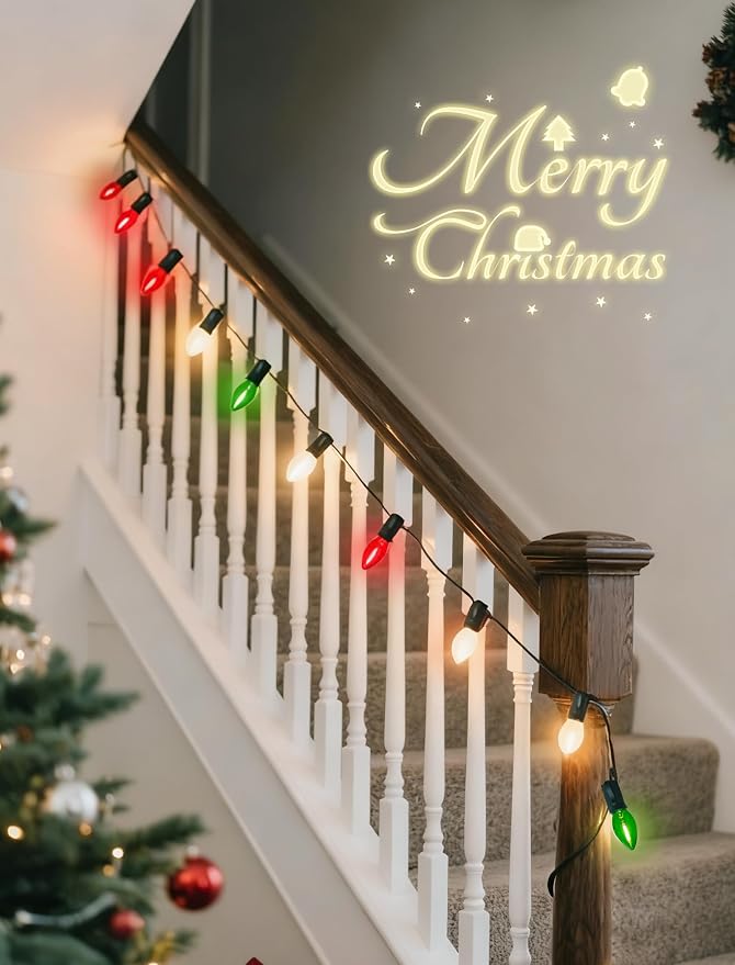 C7 LED Red White and Green Christmas Lights, 26Ft Vintage Outdoor Christmas String Lights with 27 LED Colored Bulbs, Connectable Hanging Xmas Decorations Lights for Roofline House Garden Patio Party