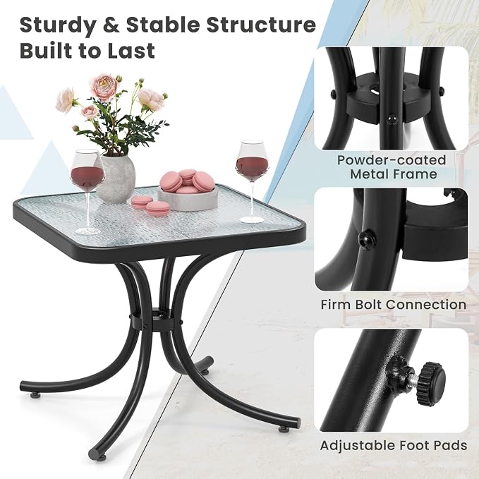 Tangkula Outdoor Side Table, 20 Inches Square End Table with Tempered Glass Top, Metal Frame, Small Patio Table for Garden, Backyard, Balcony, Poolside, Porch (2)