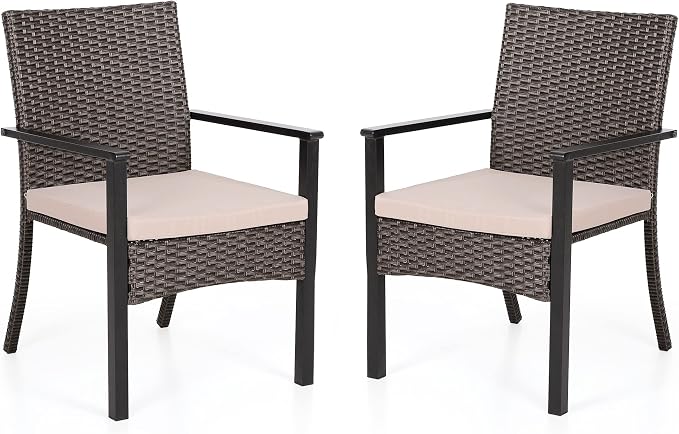 PHI VILLA Wicker Patio Dining Chairs Set of 2 with Removable Cushions | 2 Rattan dining chairs with thick removable seat cushions. Sturdy steel frame, easy assembly.