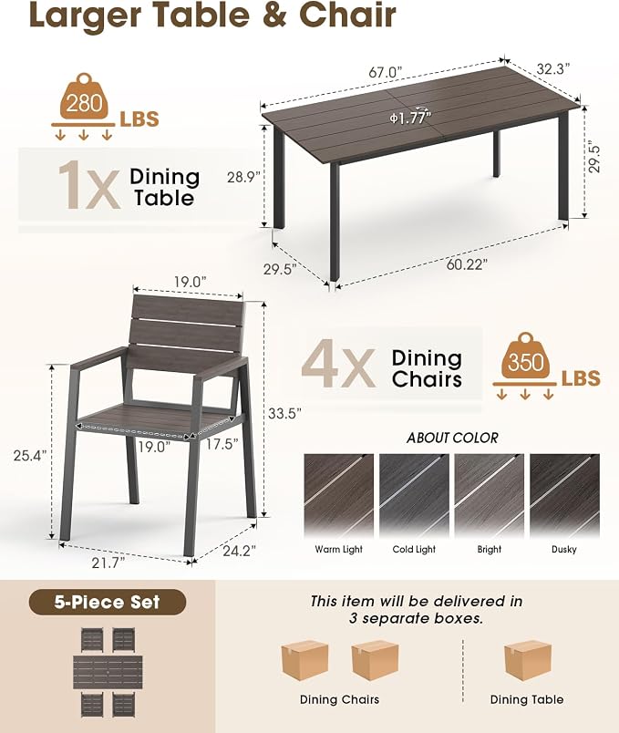Outdoor Dining Set for 4, Aluminum Patio HDPS Outdooor Table and Chairs Set with Umbrella Hole, All Weather Patio Furniture Set, 5 Peice Patio Dining Table Set (Charcoal)