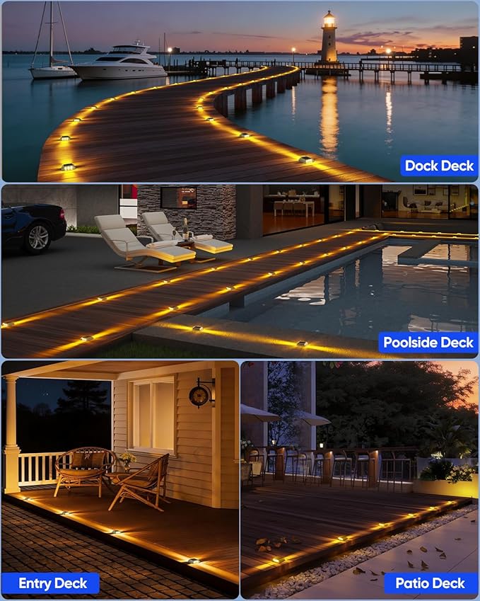 DetarZinLED Solar Deck Lights Outdoor IP68 Waterproof 12 Pack Amber Warm | Sturdy PC Shell, Stick on & Screw Mount, Markers Light for Outside Dock, Step, Walkway, Path, Sidewalk, Patio, pool, Driveway