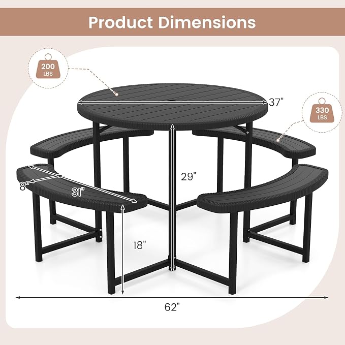 Tangkula 8 Person Picnic Table, HDPE Outdoor Round Table and Bench Set with 4 Built-in Benches, Umbrella Hole, Metal Frame for Garden Yard Patio Lawn