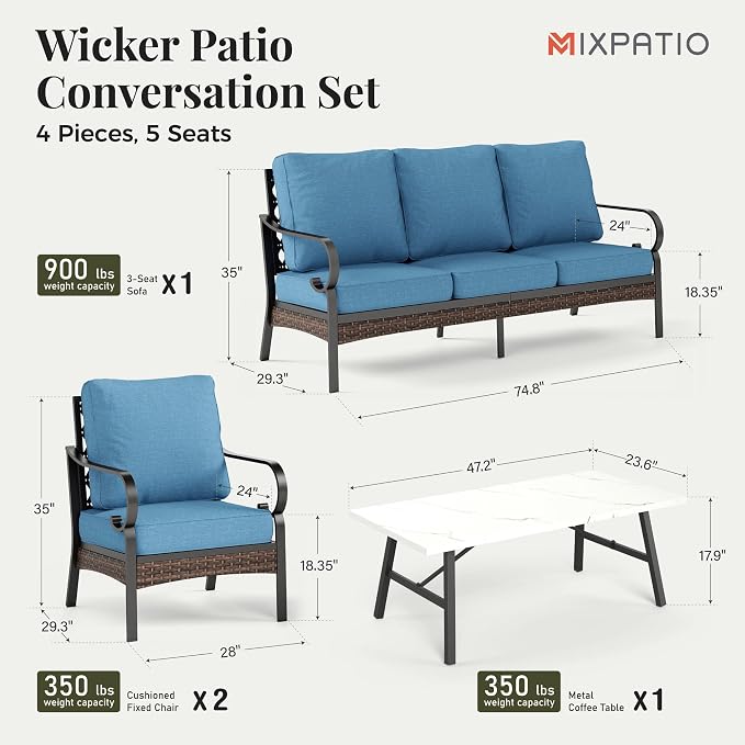 MIXPATIO Patio Furniture Set with Coffee Table, Outdoor Conversation Set with 2 x Fixed Chairs, 1 x 3-Seat Sofa for Lawn Garden Backyard, Navy Blue