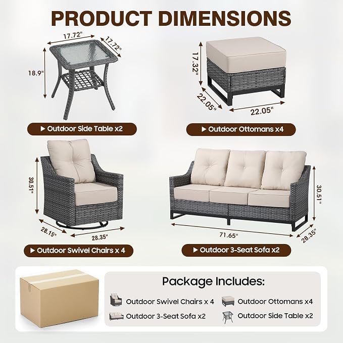 12 Piece Patio Furniture Set, 360°Swivel Glider Patio Chairs Set of 4, Outdoor 4 Ottomans,2 Sofas, 2 Side Tables Comfortable Seating with 6 Inch Thick Cushions, All-Weather Wicker Outdoor Patio Set