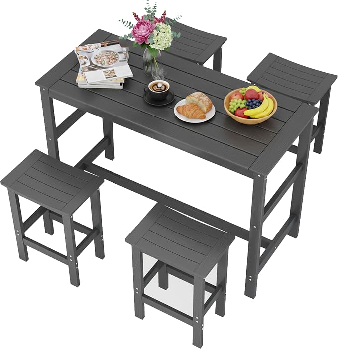 5Pcs HIPS Outdoor Bar Set, Weatherproof Patio Bar Table and Chairs Set for Outside, 55" Rectangular High Top Bar Table with 4 Bar Stools for Patio, Poolside, Balcony, Hot Tub, Black