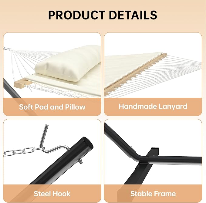Portable Double Hammock with Stand, 2 Person Quilted Padded Hammock with Pillow, Adjustable Heavy-Duty Steel Hammock Stand, Foldable Outdoor Hammock for Patio Garden Backyard Beach Camping, White