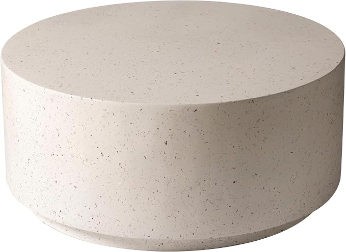 LeisureMod Minimalist Side Table Assembled 36” Round Modern Fiberstone Top Accent Table for Outdoor, Home, Living Room Terra Series in White
