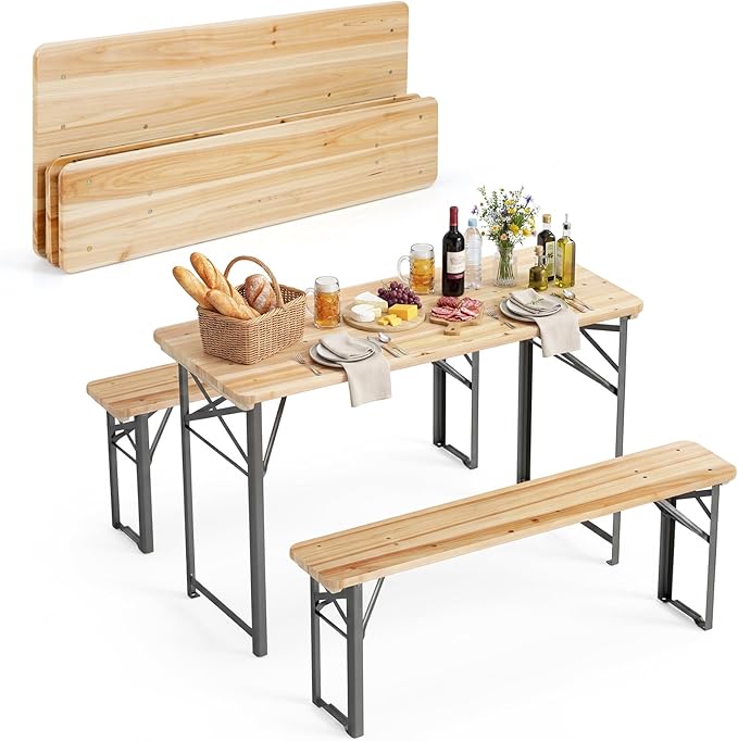 Tangkula 3 Piece Folding Picnic Table with 2 Benches, Foldable Wood Picnic Table Bench Set with Heavy-Duty Metal Frame for 4, Space-Saving Outside Table and Bench Set for Backyard, Patio, Garden