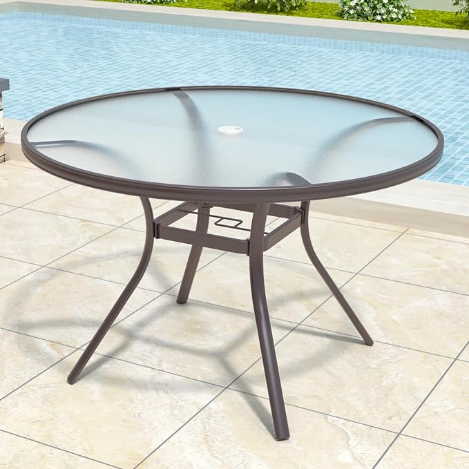 Anmutig Round Outdoor Dining Table for 4 Person, 40 inch Glass Top, Brown Powder-Coated Frame with Umbrella Hole Outdoor Furniture