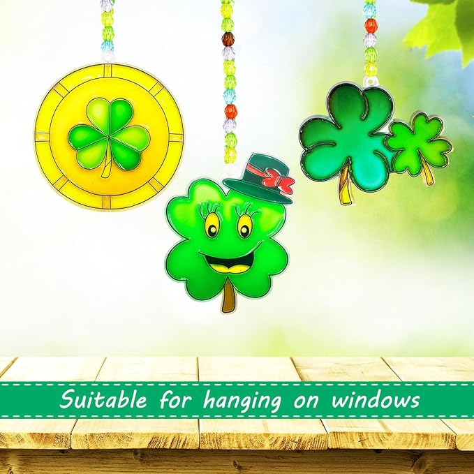 AUEKIV St. Patrick's Day Shamrock Suncatchers Ornaments DIY Window Paint Art Craft Kit 32pcs Irish Lucky Shamrock Four-Leaf Clover Rainbow Sun Catchers Decorations for Party Favors Activities Gift