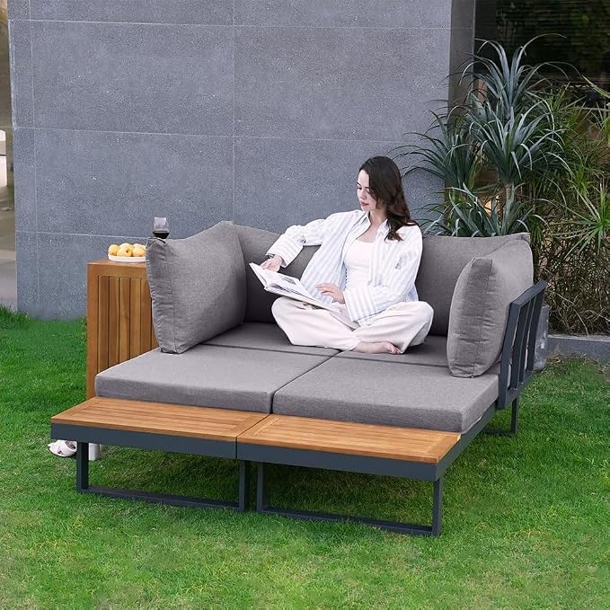 homary 4-Seater Outdoor Conversation Set for Gardens, Decks, and Backyards | Weather-Resistant Patio Sectional Furniture with Cushions and Built-In Side Tables for Gardens, Decks, and Backyards