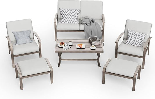 HAPPATIO 6 Piece Aluminum Patio Furniture Set, Outdoor Armchairs with Ottomans and Loveseat, Outdoor Sectional Sofa with Comfortable Cushions and Coffee Table(Gray)