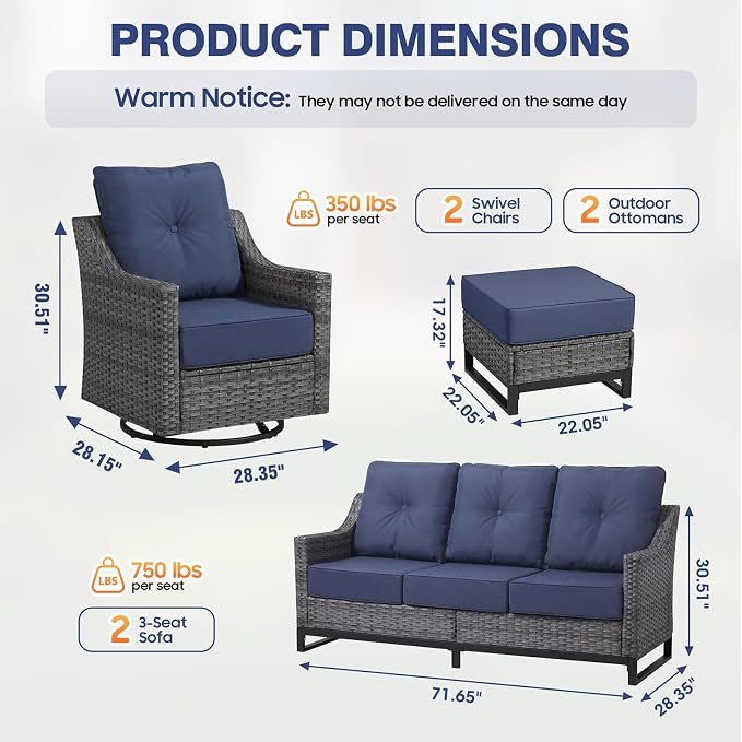 6 Piece Patio Furniture Set,360°Swivel Glider Patio Chairs Set of 2, 2 Sofas, 2 Ottomans,Comfortable Seating with 6 Inch Thick Cushions, All-Weather Wicker Patio Set For Porch Deck Balcony Garden
