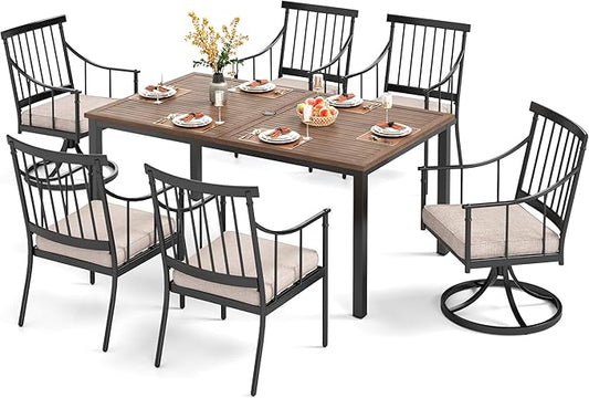 PHI VILLA 7 Piece, Outdoor Dining Set, 65"x39" Table, Umbrella Hole | Metal, Swivel Chairs, Cushions, Weather-Resistant, 360° Swivel, 300 lbs Capacity