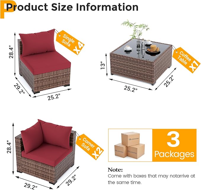 UDPATIO Patio Furniture Set, 7 Piece Outdoor Sectional Sofas with Wicker Coffee Table, Outdoor Patio Conversation Set for Garden, Backyard Wine