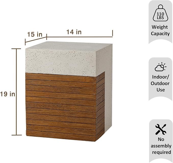 HOMPUS Outdoor Side Table w Faux Wood Design, Patio MgO Concrete Natural End Table, Square Accent Table, Small Coffee Table for Garden, Patio, Porch and Deck, Terrazzo