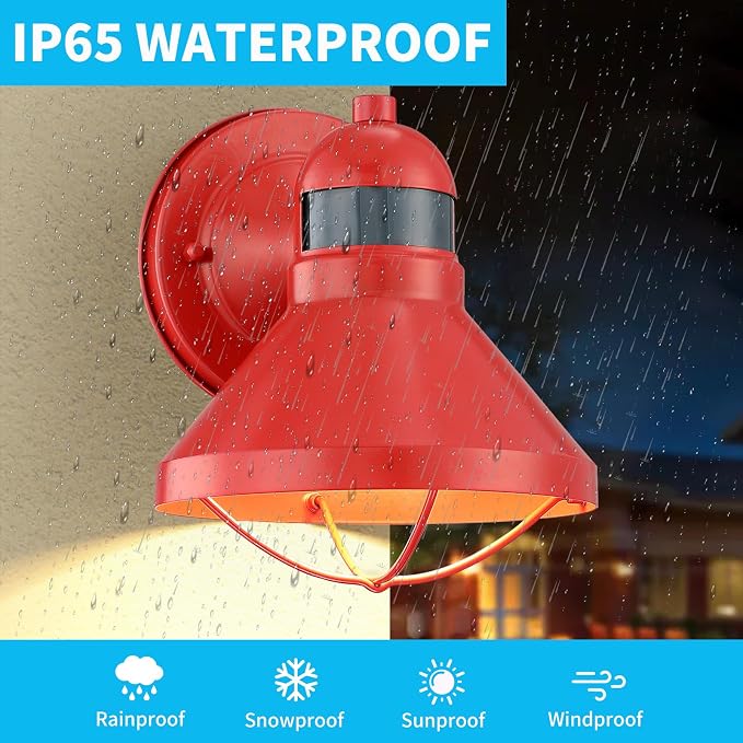 Motion Sensor Outdoor LED Wall Sconce Dusk to Dawn Exterior Barn Lighting | Red Outside Porch Light Fixture Waterproof Farmhouse Wall Mount Lamp for House Garage Entryway