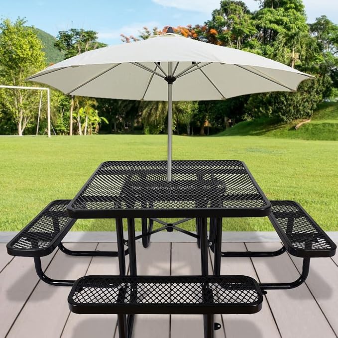 46" Square Commercial Picnic Table for 4-8 Person, Heavy Duty Metal Outdoor Picnic Table with Umbrella Hole for Coffee Shop, School, Hospital, Easy to Install, Black