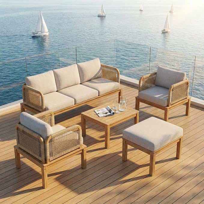 Patio Furniture Set of 2 Chairs, Outdoor Sectional Furniture with Rope Armrests and Thick Washable Cushions, All-Weather Patio Conversation Set for Backyard, Garden and Poolside (Series A)