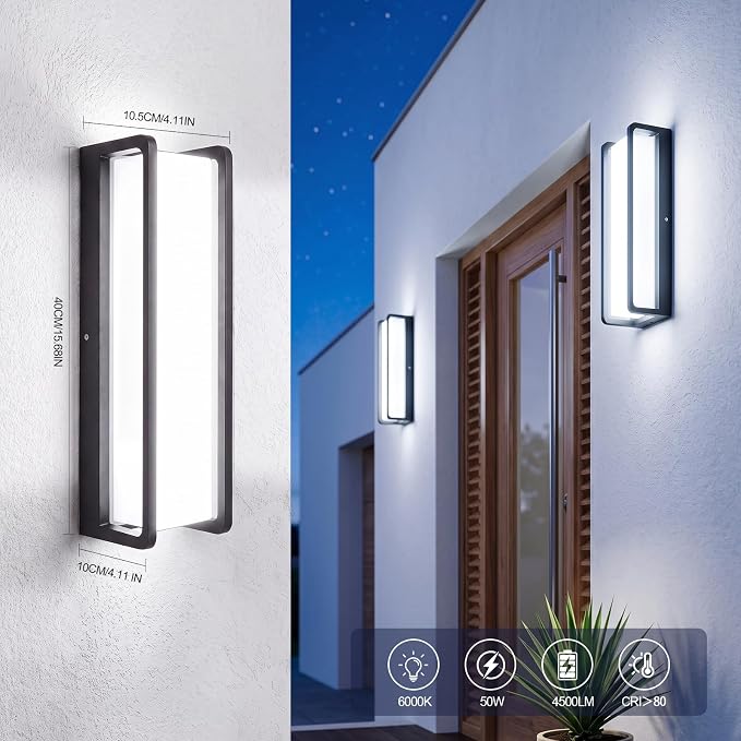 50W LED Outdoor Wall Light | 4000LM Bright,6000K Outdoor Wall Sconces, IP65 Waterproof Aluminum Acrylic Shade Black for House Front Porch Garage Garden